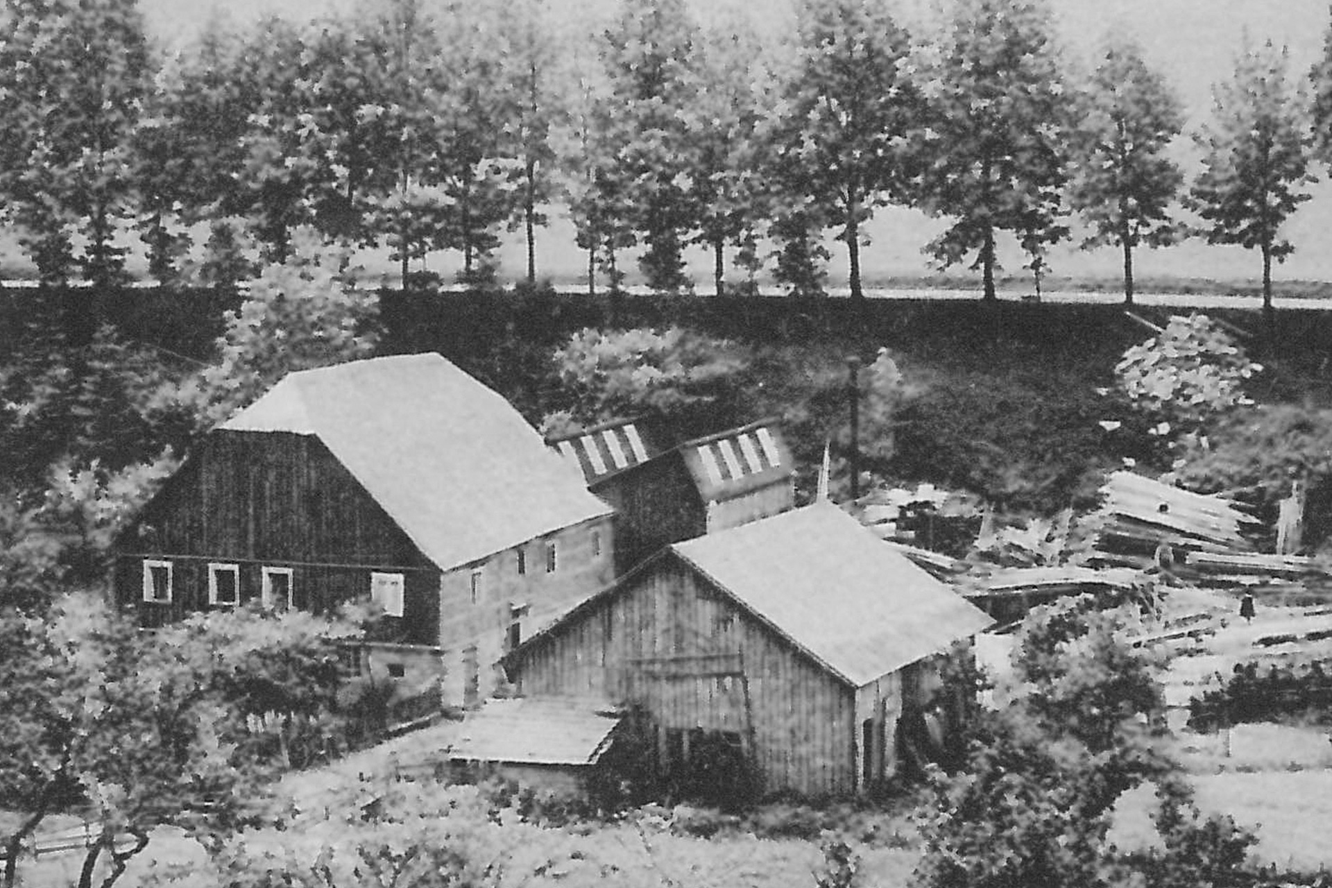 Schwarz-weiß-Foto der historischen Mühlengebäude von Gut Hanxleden, umgeben von Bäumen, mit Blick auf das Sägewerkgelände und gestapeltes Holz.